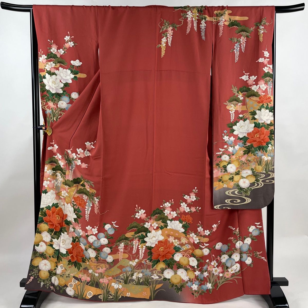 振袖 身丈164cm 裄丈68.5cm L 袷 几帳 草花 金彩 ぼかし 茜色 正絹 秀品