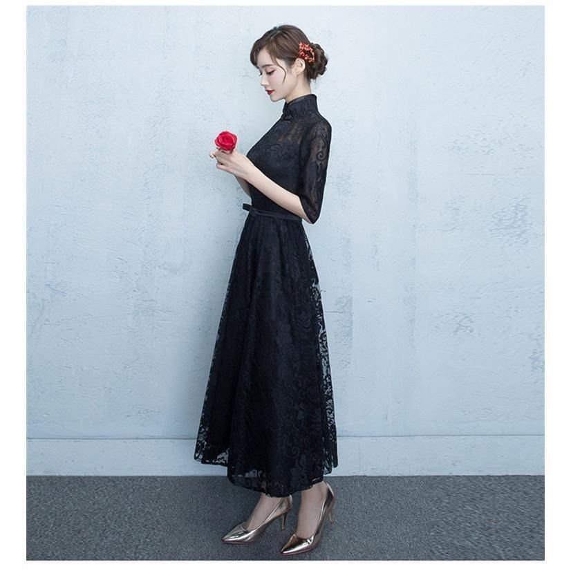 ロングドレス 演奏会 パーティードレス ドレス レディース 結婚式 ドレス ワンピース ミモレ丈 ハイネック レース 発表会 お呼ばれ 二次会 披露宴