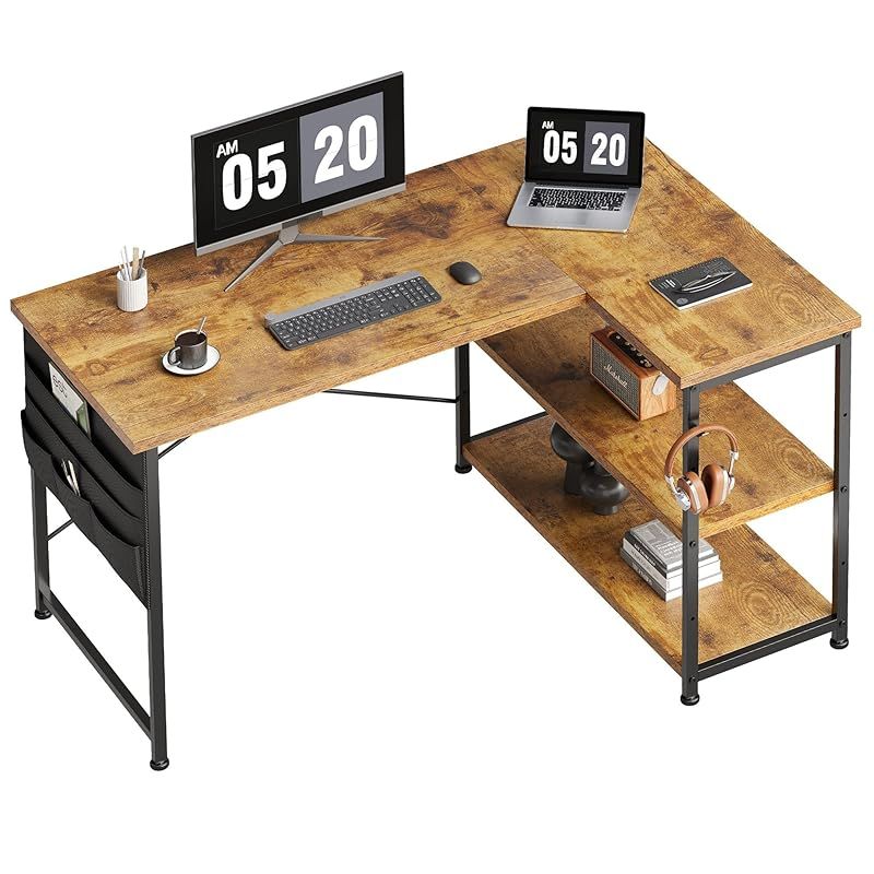 YeTom パソコンデスク 机 学習机 ?子 右棚左棚 幅107cm computer desk ゲーミングデスク l字デスク pcデスク 収納袋付き勉強机 ban h?c コーナーデスク ワークデスク 本棚付きデスク ビンテージ 0