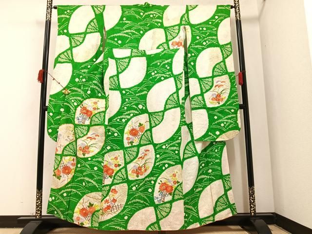 平和屋着物○豪華振袖 駒刺繍 絞り 扇面草花文 金彩 正絹 逸品
