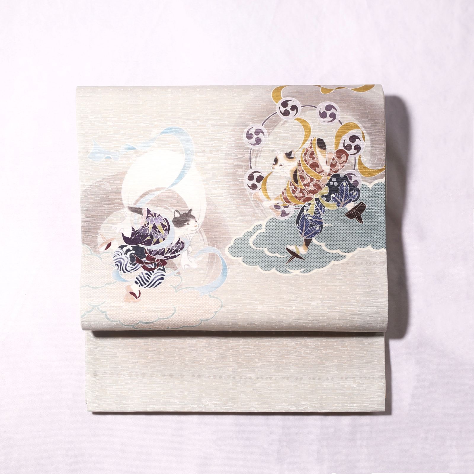 再入荷 .* 新品・未使用 WAKKA 正絹 京袋帯【風にゃん雷にゃん／薄 