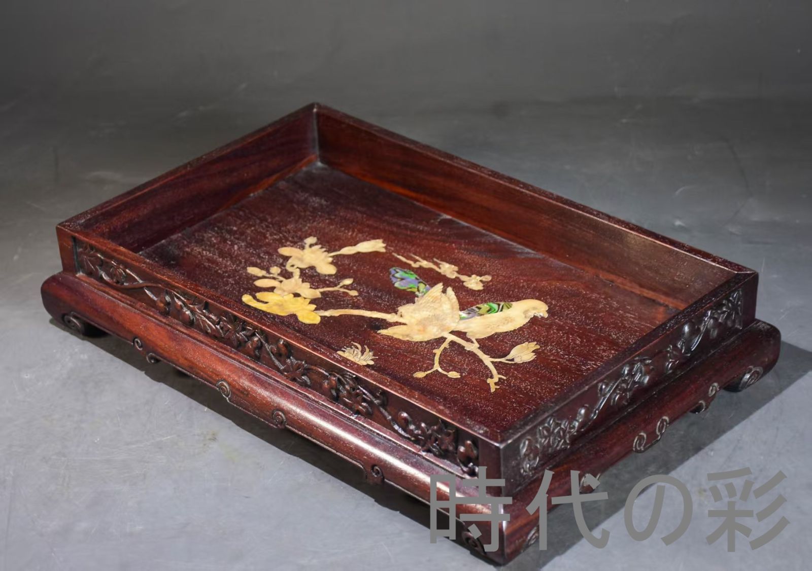 中国古美術 旧家蔵出 血檀木 彫刻 貝殻象嵌 茶盤 花鳥図 手作り 細密彫