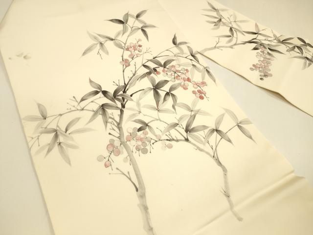 平和屋着物 塩瀬 九寸名古屋帯 作家物 手描き 南天枝葉文 正絹 DAAY8220cm