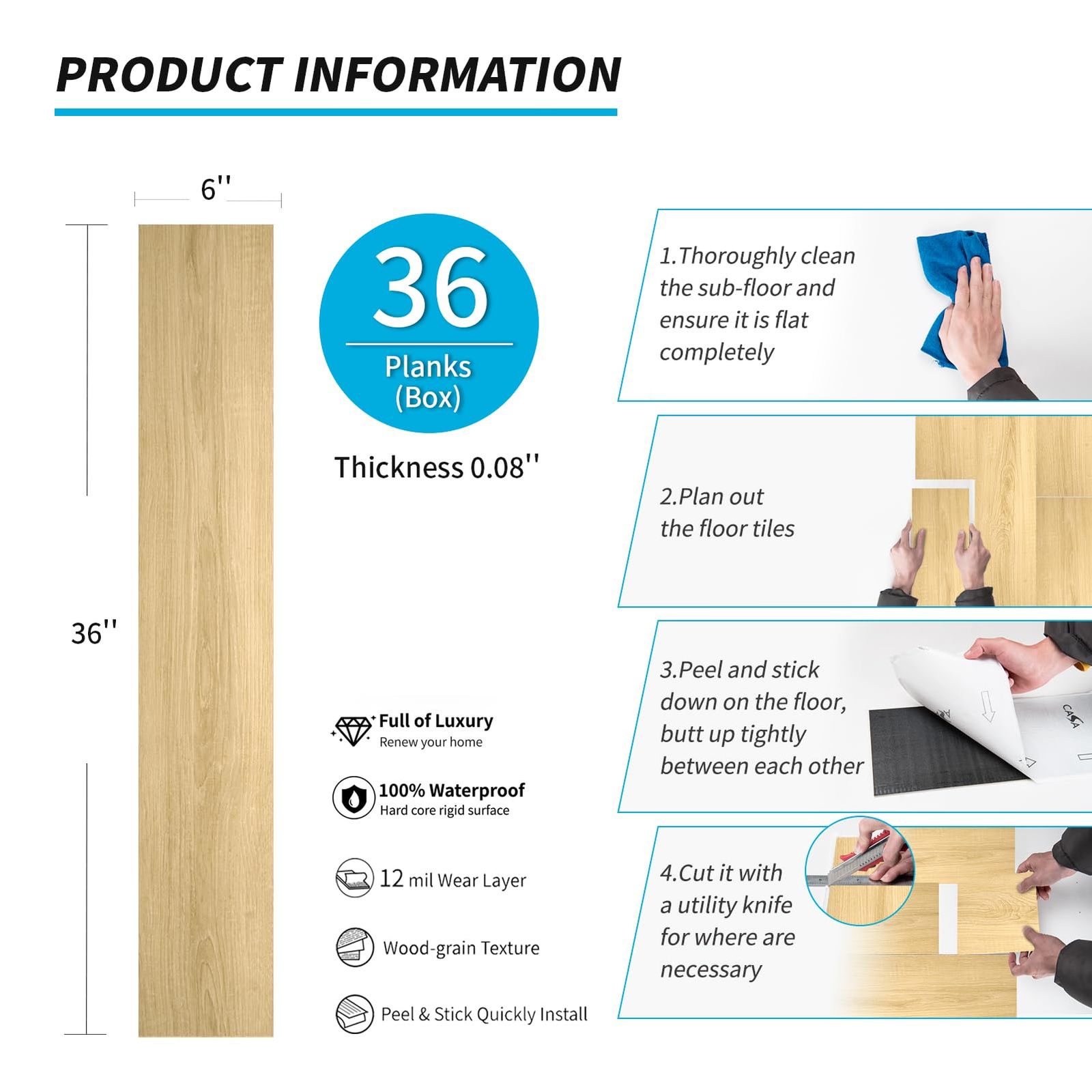 Art3d 36枚 フロアタイル 置くだけ 木目 クッションフロア 防水 滑り止め 厚手 賃貸ok 床 シート フローリングマット 玄関 洗面所 DIY - 3畳 91.4 x 15 CM HRDEVELOPMENT_JP