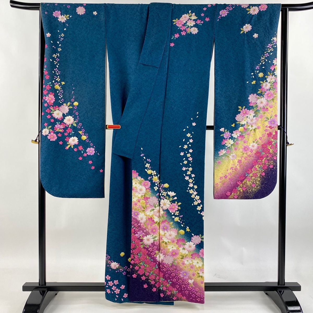 振袖 身丈160cm 裄丈66cm M 袷 草花 花びら 銀通し 金彩 青緑 正絹 WWW_WOWDIGSITE_COM