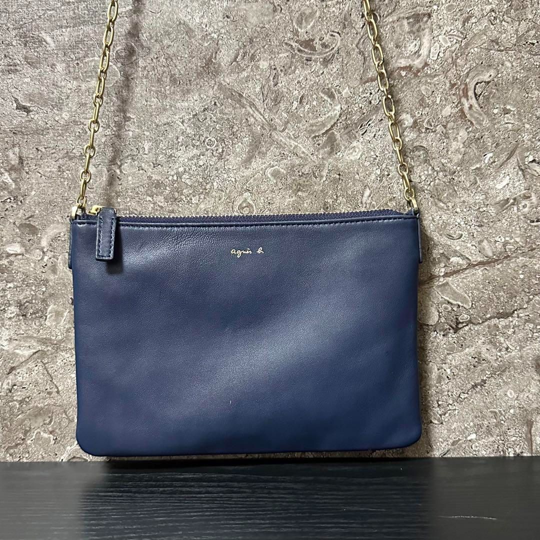 美品】agnes b. アニエスベー 羊革ラムレザー ショルダーバッグ 紺 
