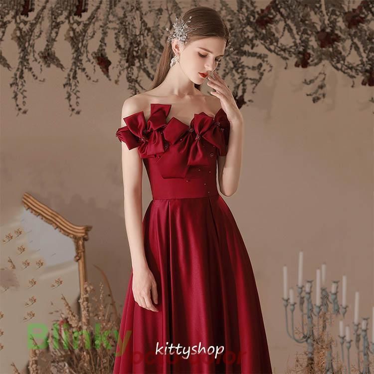 イブニングドレス ワイン赤 オフショルダー サテン ドレス 結婚式  