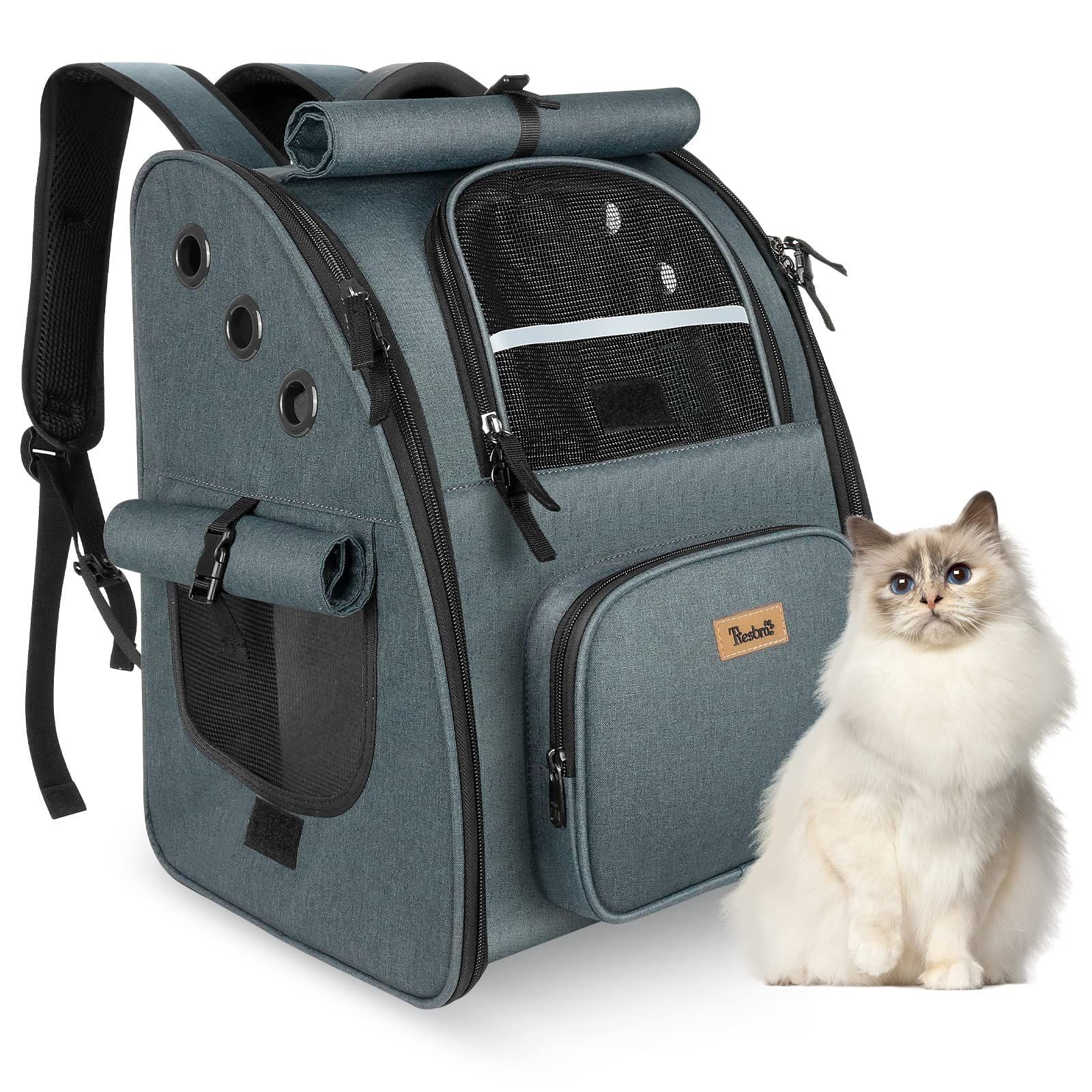 新品 Tresbro 猫 リュック ペット 【第二世代アップグレード版】ロック式ファスナー・3面カーテン付きの ペットキャリー 犬 通気性 猫 きゃりーバッグ 小型犬・小動物用 旅行/通院/災害避難に最適 ダークグレー