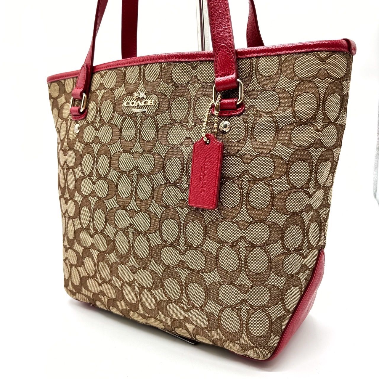 大容量✨COACH コーチ トートバッグ レッド×ブラウン レザー A4収納可 大容量✨COACH コーチ トートバッグ レッド×ブラウン レザー A4
