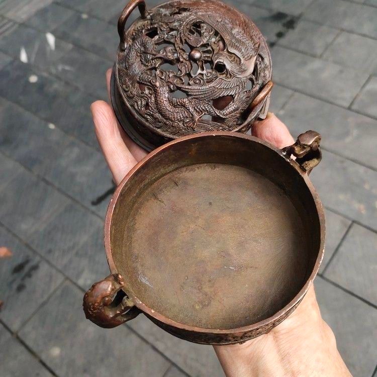 銅製 龍鳳薫香炉 盤薫炉 香道具 装飾品 工芸品 美術品 置物