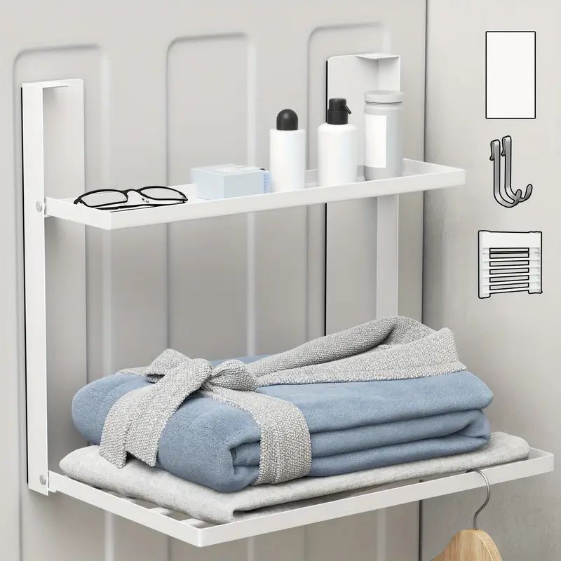 ダブルレイヤー磁気収納ラック、壁掛け式、粉体塗装鉄 - 化粧品、工具、衣類、タオルに最適 - 省スペース、調節可能な棚、強力な磁気、簡単取り付け、磁気工具ホルダー