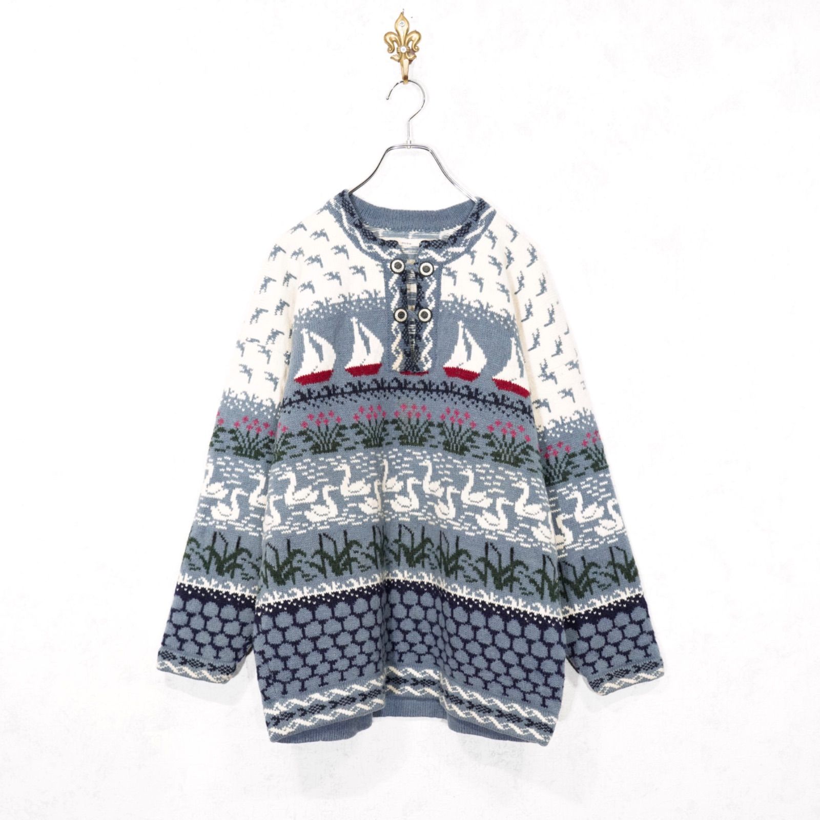 KNIT|アメリカ古着あひるとヨット柄デザインニット