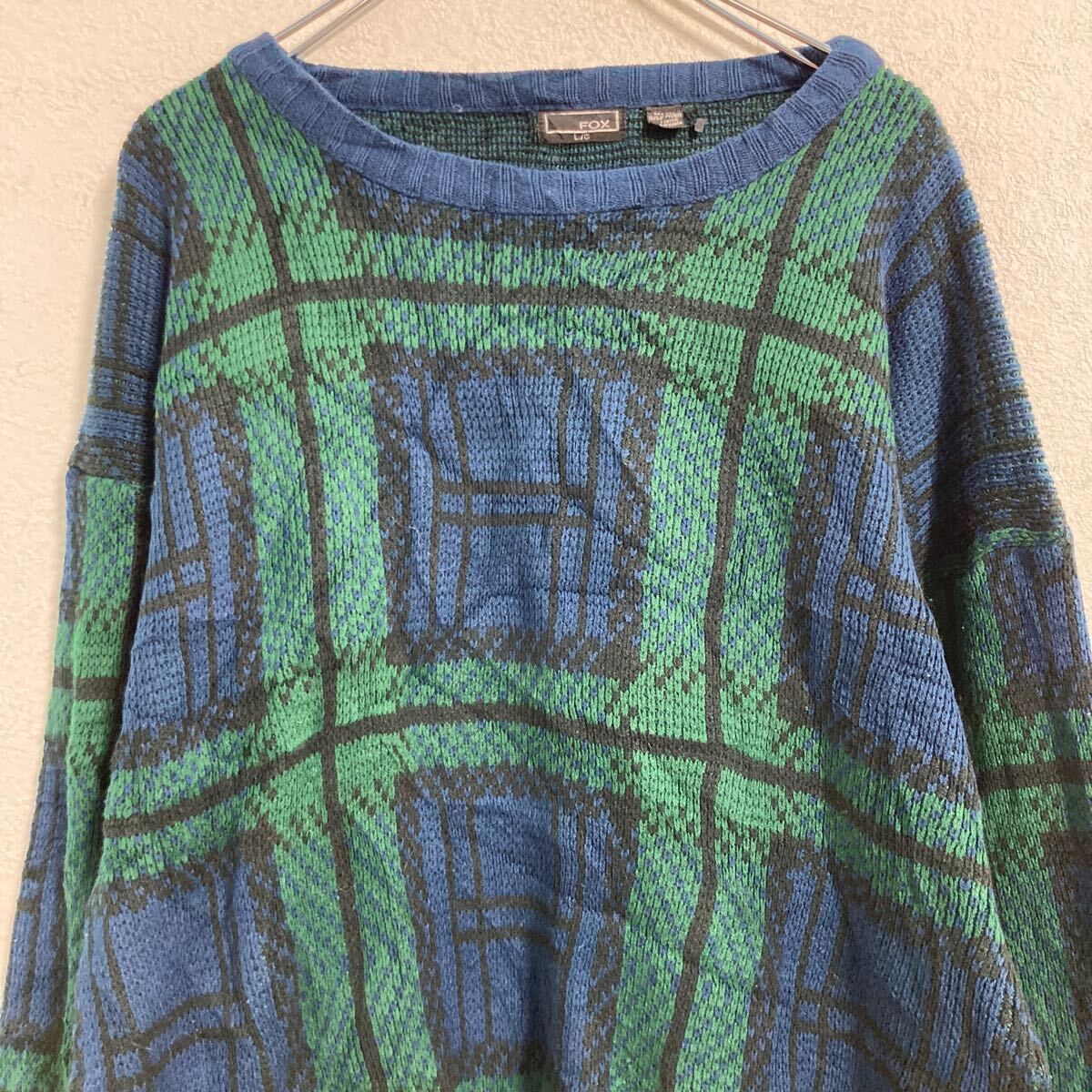 レトロ古着 総柄 刺繍デザインニット 緑 L アクリル✕ウール セーター y2k