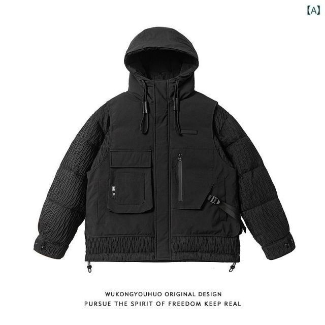 L 秋冬 コーデ メンズ 服 シンプル ファッション オシャレ 大人 かっこいい 大きいサイズ ストリート 紳士服 アウトドア ワークウェア フード付き ダウン ジャケット アウター 機能的 ウィンド フェイク ツーピース 暖かい