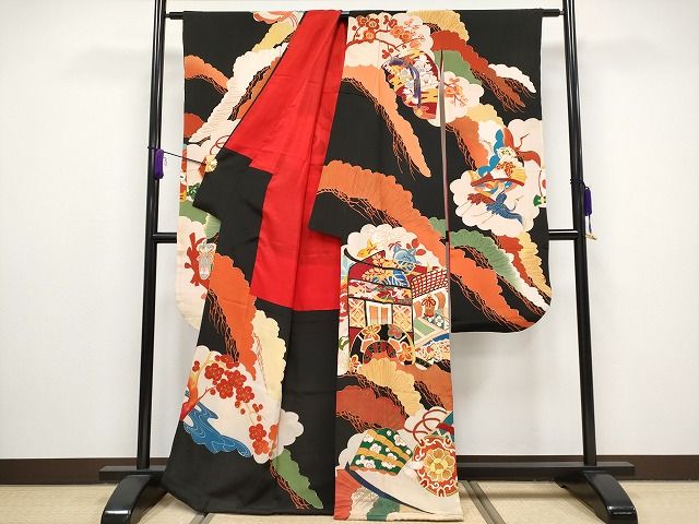 平和屋本店■極上　アンティーク　大正ロマン　振袖　駒刺繍　御所車飛鶴花松文　黒地　金彩　逸品　CYAA1864s5 平和屋本店□極上 アンティーク 大正ロマン 振袖 駒刺繍 御所車飛鶴花