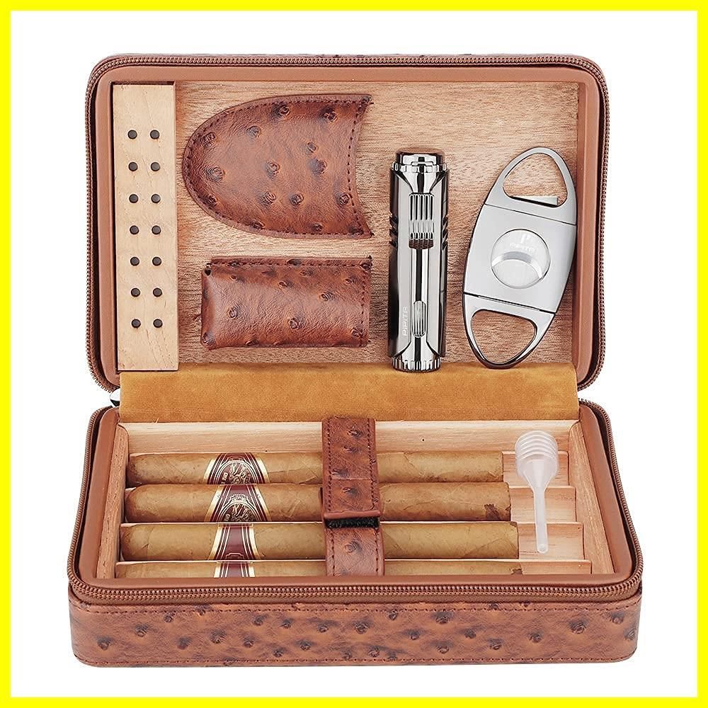 【在庫処分】PIPITA 葉巻ケース 付き直噴ターボライター 【高い品質】 u0026シガーカッターレザースペイン杉 4本 シガレットケース 携帯便利セット ヒュミドール 旅行 シガーケース （葉巻な