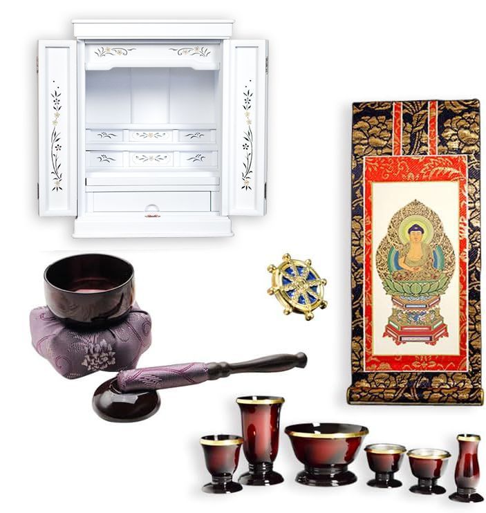 ホワイト色 仏壇付仏壇 伝統型仏壇 天然貝 螺鈿細工 和モダン 花夕 はなゆう 18号 仏具一式 小型仏壇 家具調仏壇 上置き仏壇