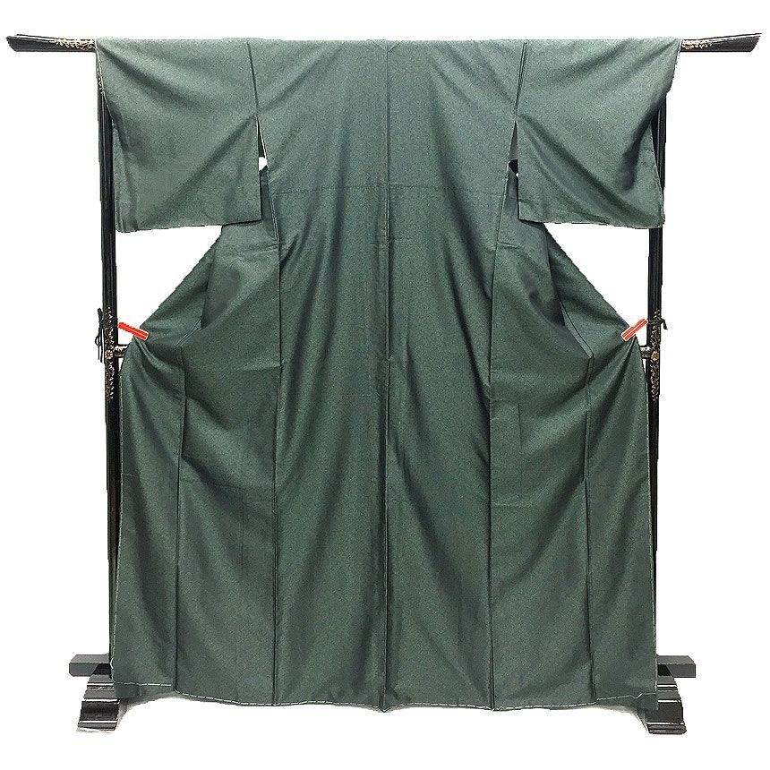 御召　着物 御召 着物 お召 おめし 吉野間道 格子 グレー × 黄緑 カジュアル