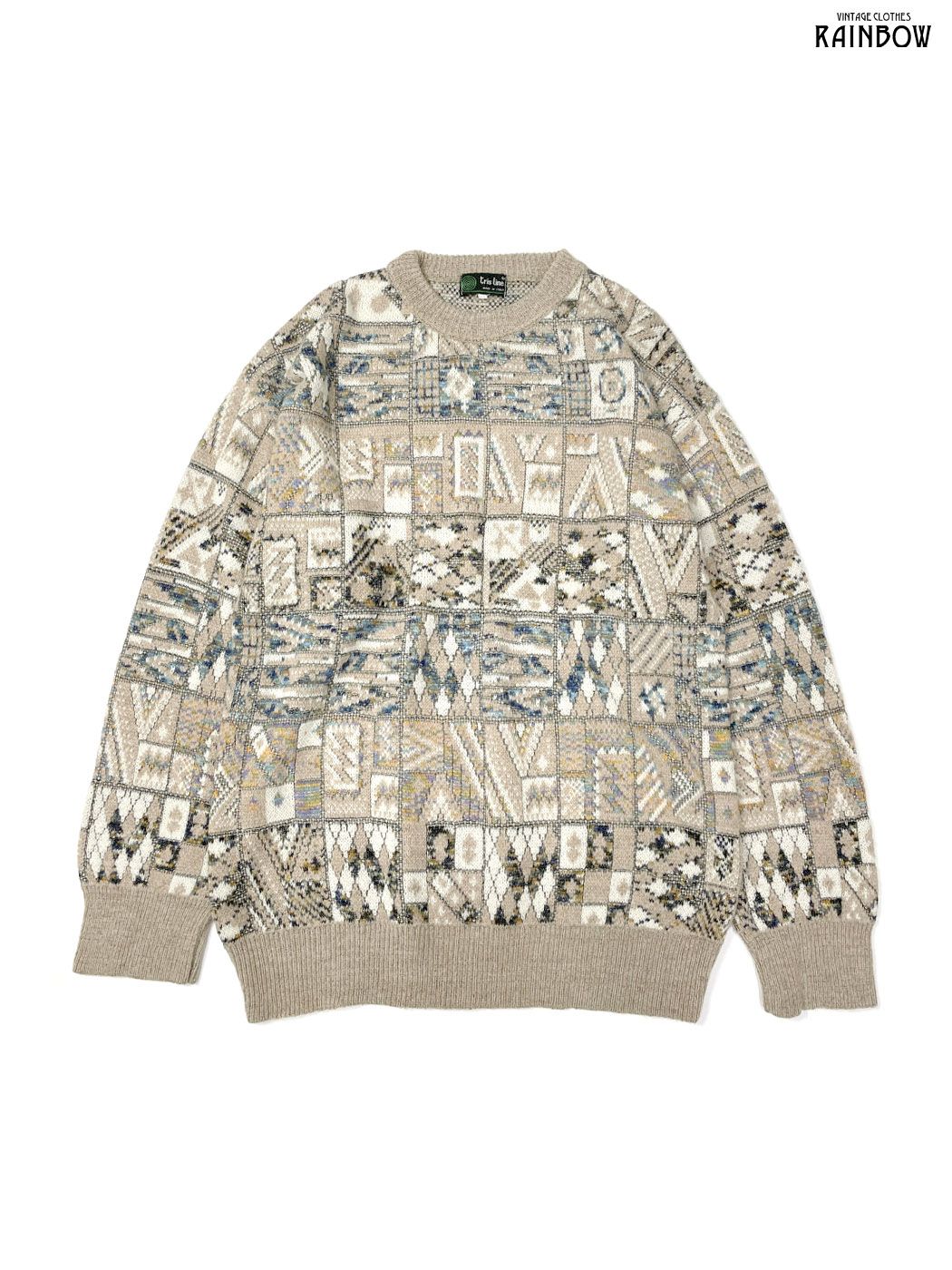 古着 Tris Line イタリア製 総柄 ウール 長袖 ニット セーター ベージュ ttu2509040