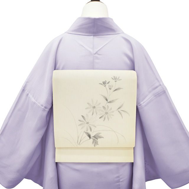 夏帯 紗紬 九寸名古屋 正絹 手描き 花葉文 生成り系 イ5764 夏帯 紗紬 九寸名古屋 正絹 手描き 花葉文 生成り系 イ