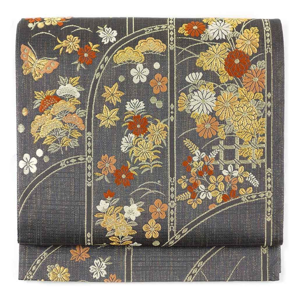 袋帯 幅31cm 長さ430cm レディース 四季の花柄 秋冬春用 正絹（シルク）グレー 未使用品 リメイク リユース リサイクル【呉服のきくや】