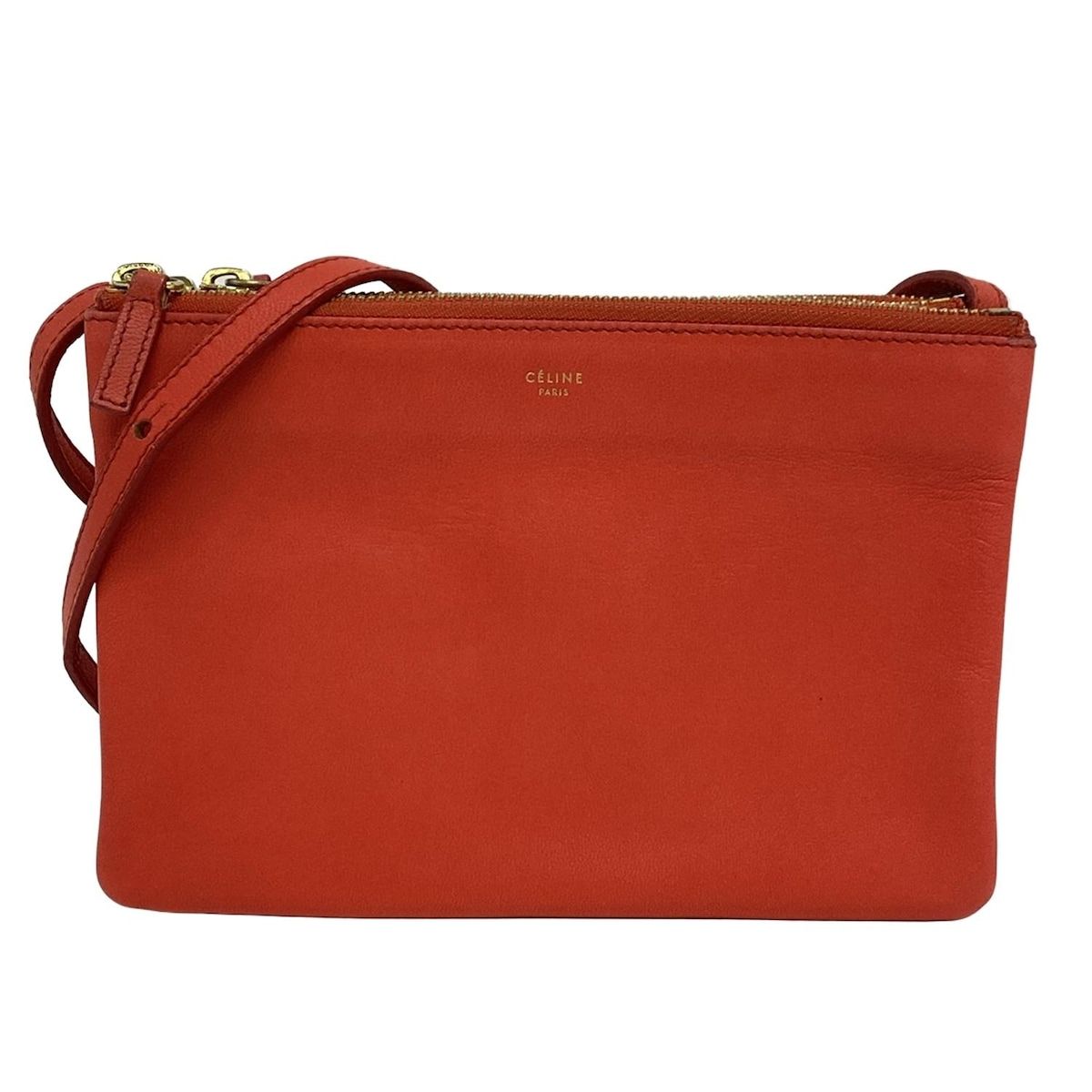 セリーヌ　ショルダーバッグ　レザー　トリオ　赤　レッド CELINE - 本物 セリーヌ CELINE トリオ ラージ ショルダーバッグ