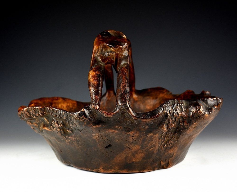 蔵C7212 民藝 大きな天然杢手付き鉢 明治期