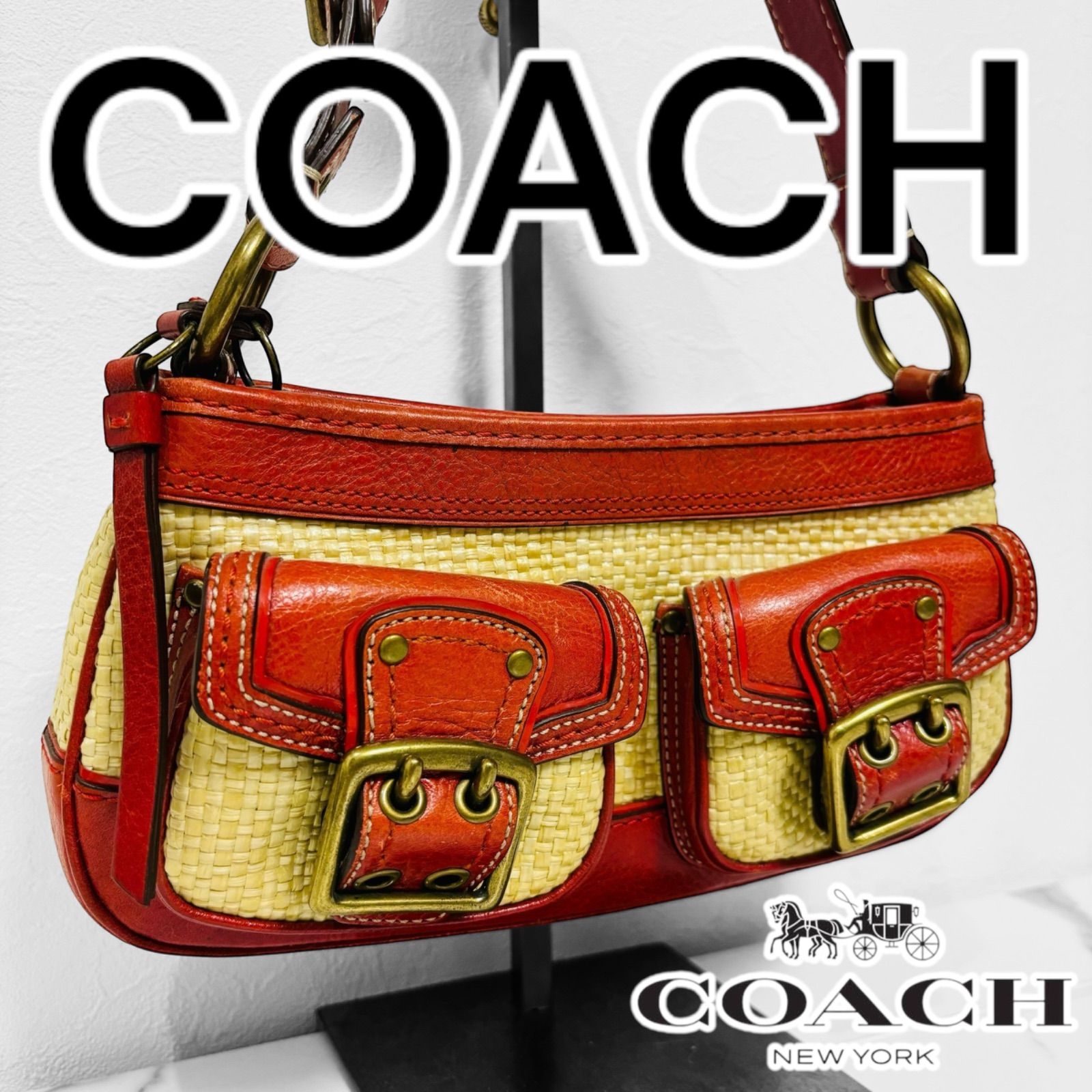 COACH コーチ ワンショルダーバッグ ハンドバッグ シグネチャー ストロー レザー カゴ ベージュ レッド レディース ミニ バッグ - メルカリ