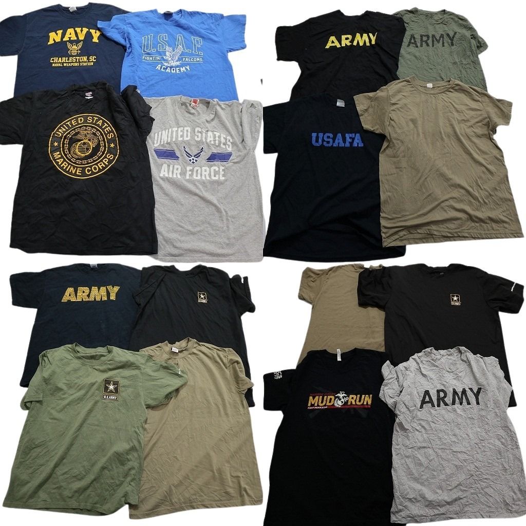 古着卸 まとめ売り ミリタリー 半袖Tシャツ 16枚セット (メンズ Ｌ ) ARMY NAVY 無地 ワンポイント 中古 古着 MZ1220