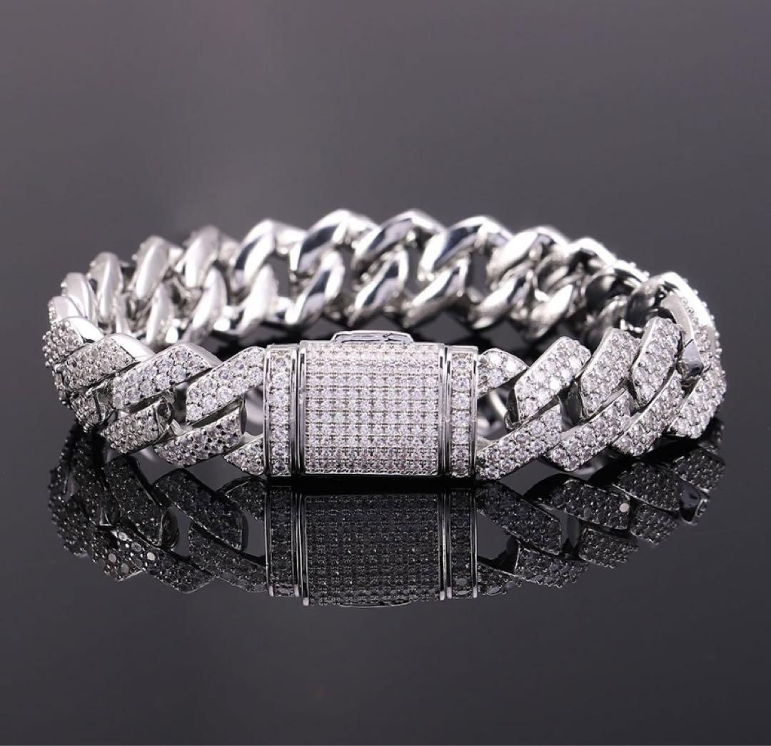 ★新品未使用★メンズ シルバー ブレスレット czダイヤモンド 喜平 チェーン パヴェ アクセサリー ロック ストリート パンク バングル
