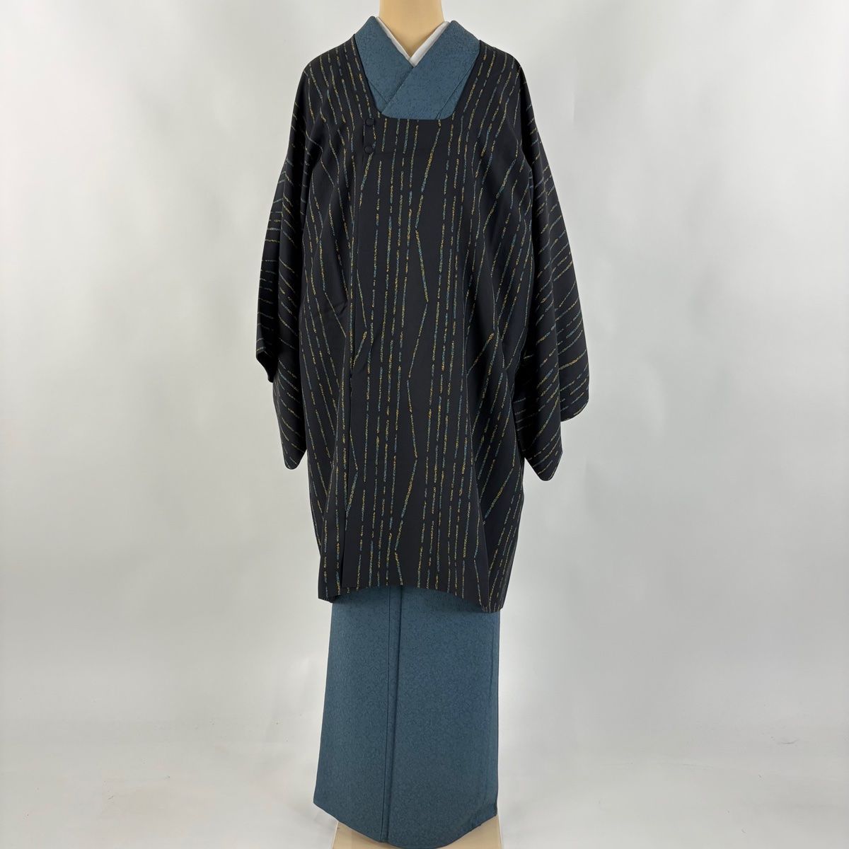 道行 身丈98cm 裄丈67cm M 和装コート 都衿 縞 墨色 正絹 秀品