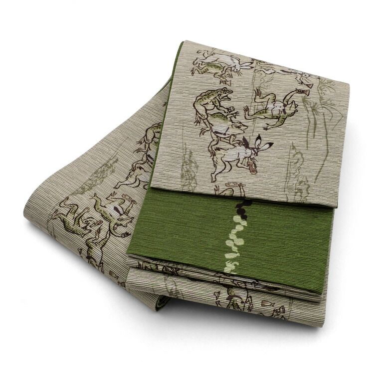 半幅帯 正絹 召しませ花 鳥獣戯画A リバーシブル 両面 灰色 グレー 緑 グリーン 浴衣 長尺 ゆかた 細帯 半巾帯 紬 小紋 洒落着 hanhabaobi 00058