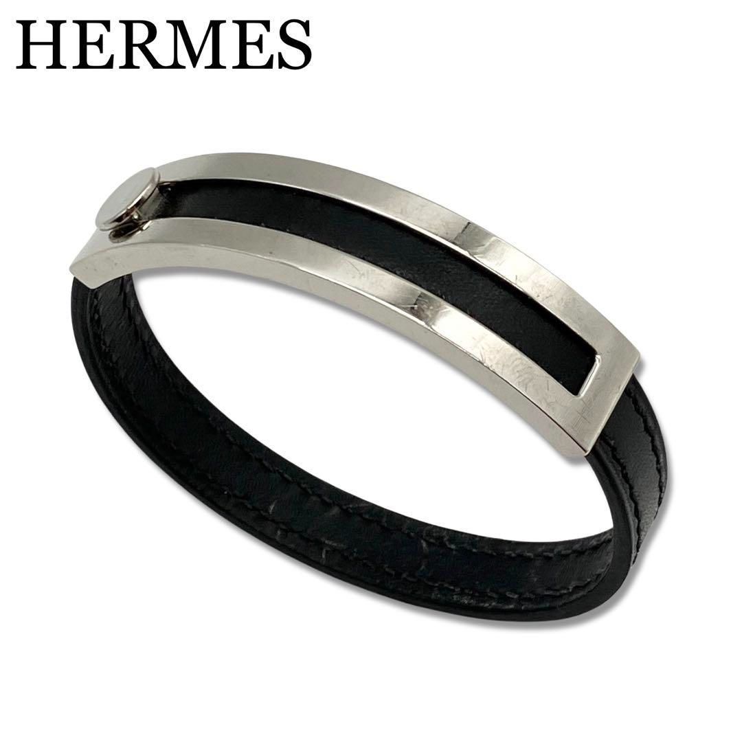 HERMES ブレスレット バングル プスプス レザー ブラック ゴールド 