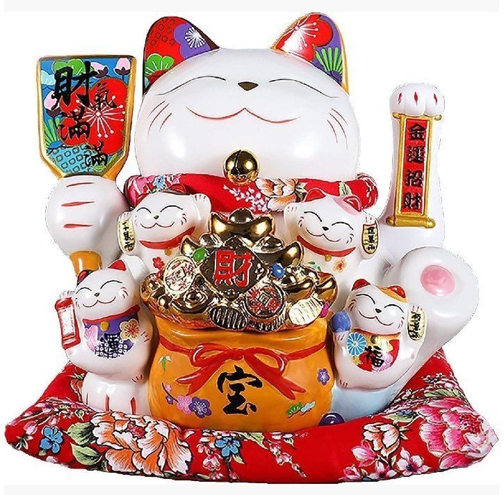 黄金の電動招き猫 白磁製 大型プレミアムモデル 座布団付 金色 まねき猫 商売繁盛 開運 招福 風水 客寄せ 招猫 招財猫 かわいい猫の置物