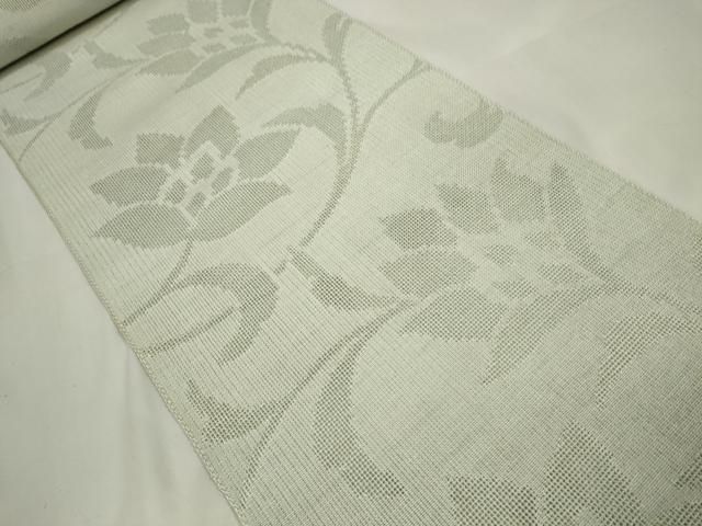 平和屋着物◎塩瀬 九寸名古屋帯 型染め 草花文 正絹 逸品 未