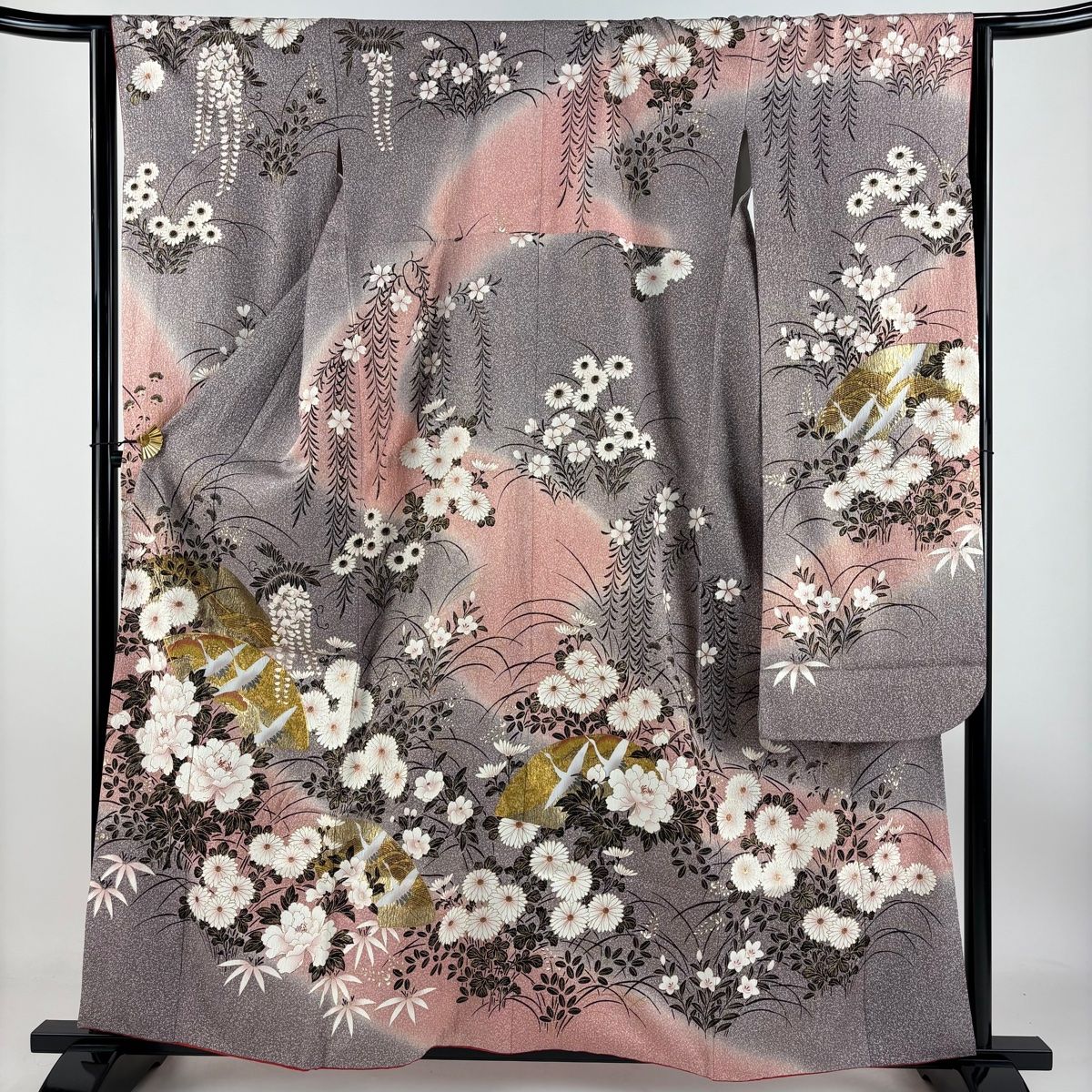振袖 身丈159cm 裄丈63cm S 袷 扇面 牡丹 金通し 金彩 紫 正絹 秀品