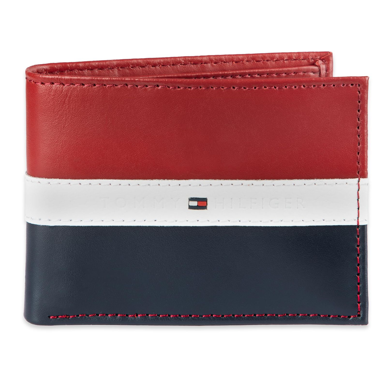 Tommy Hilfiger Men's Leather Wallet - RFID Blocking Slim Thin Bifold with Removable Card Holder and Gift Box， Red/Navy 