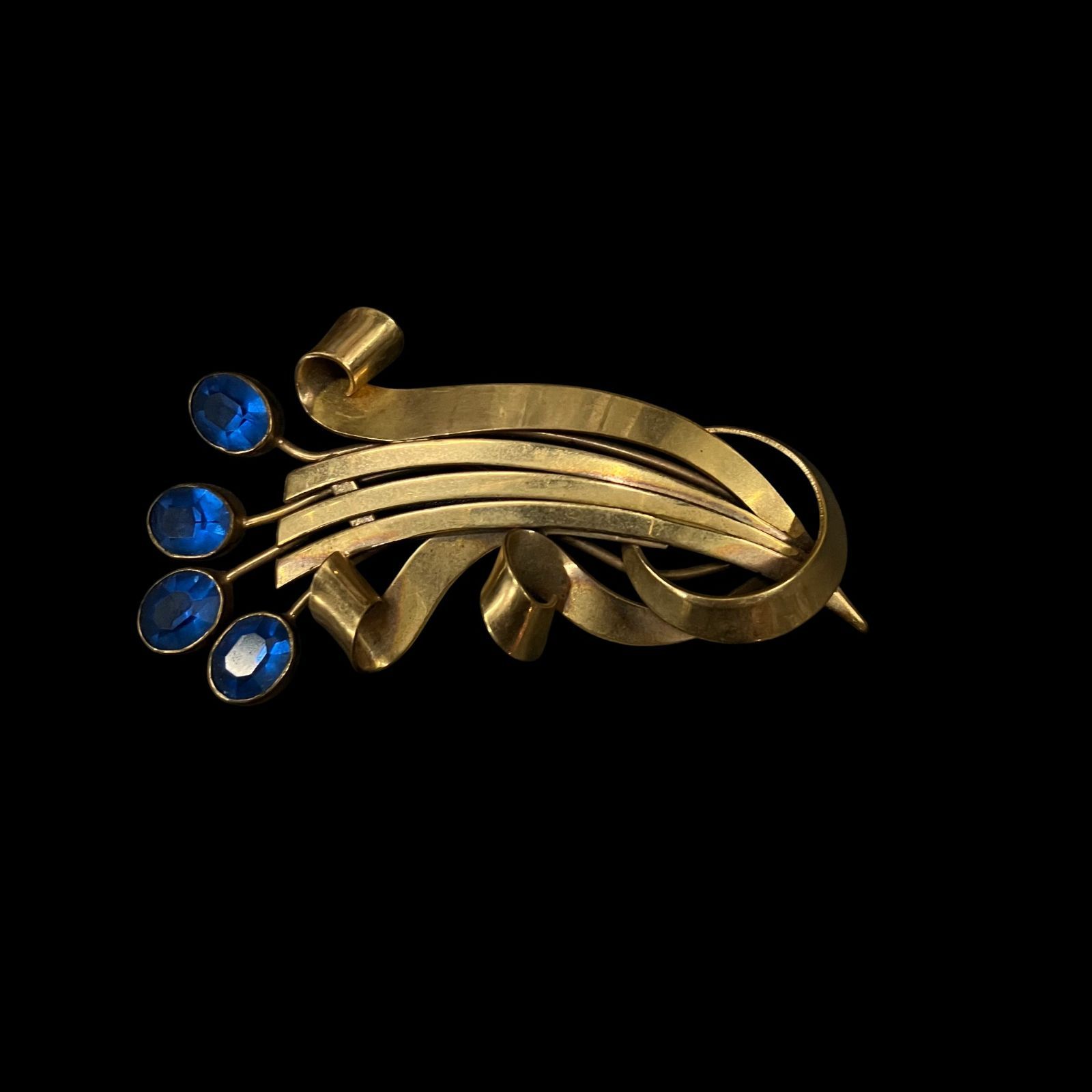 ヴィンテージ ブルーストーン装飾 ブローチ 12 K ゴールドフィルド 刻印あり アールデコ調