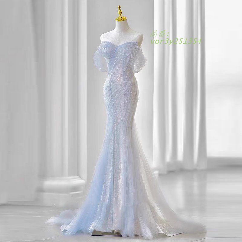 ドレス ロングドレス ブルーグレー マーメイドドレス オフショルダー 結婚式 イブニングドレス ウェディングドレス ウエディングドレス 発表会 二次会 vor3y251354