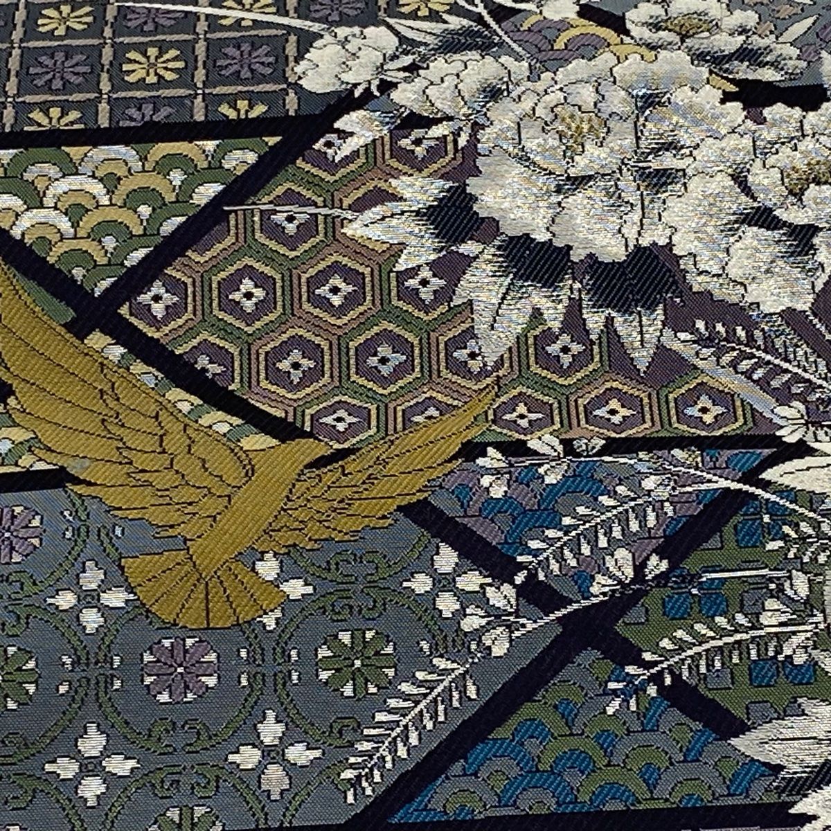 斉藤三才グレー 幾何学模様三才鳥袋帯