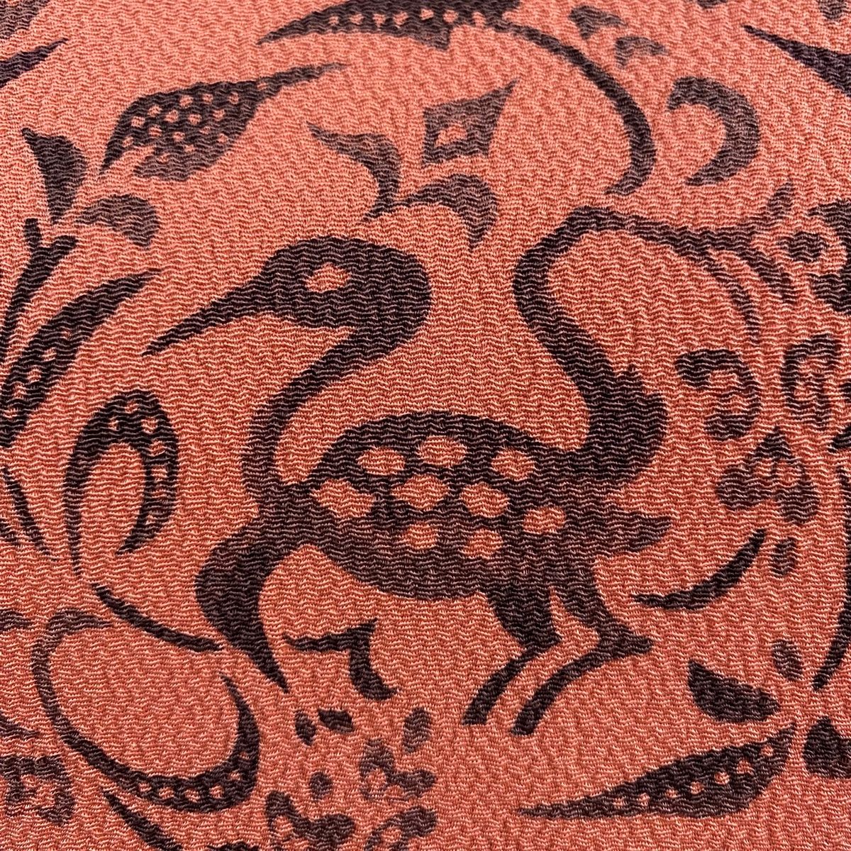 名古屋帯 秀品 華文 鳥 縮緬 灰紫 正絹