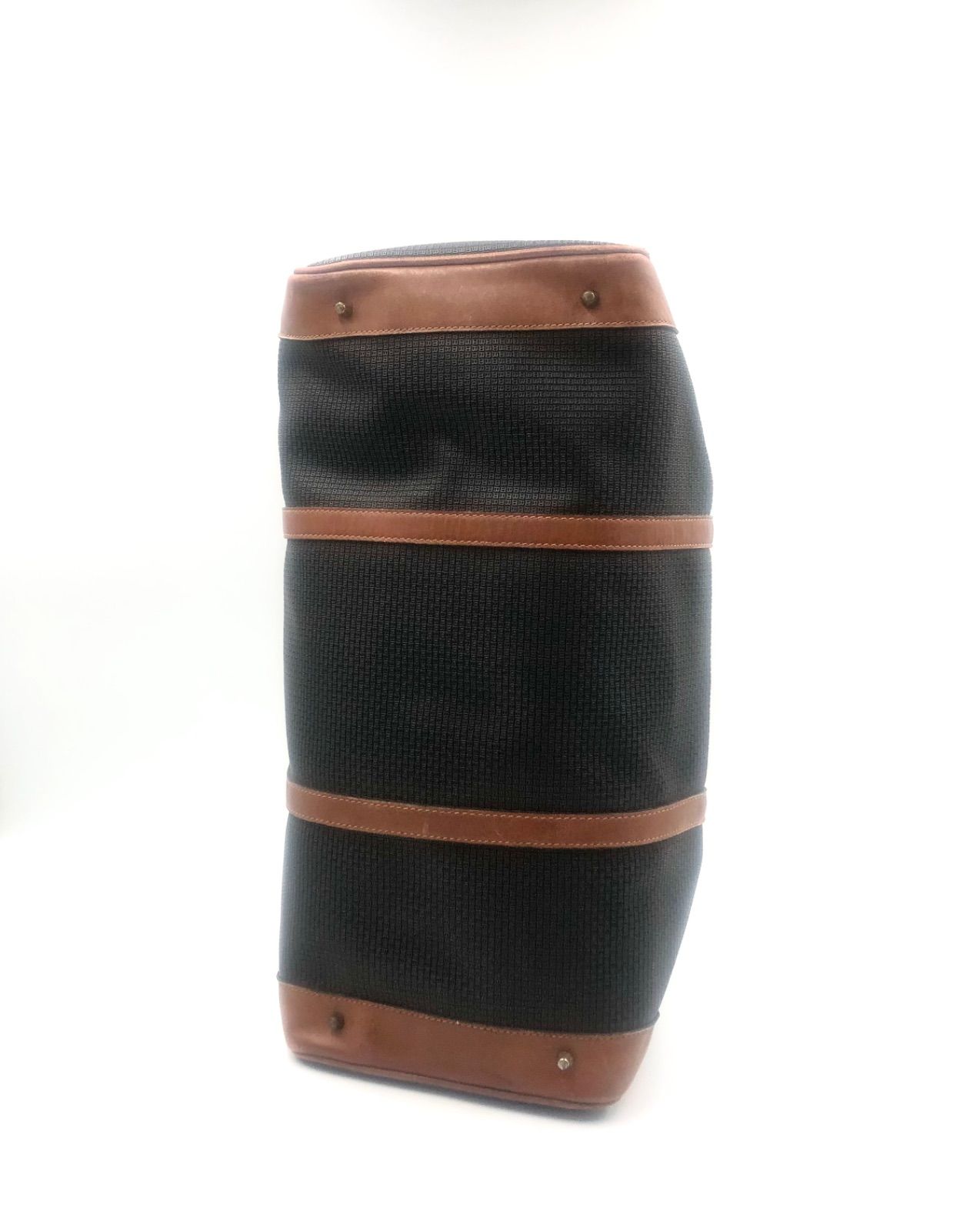 BALLYボストンバッグ 大容量 B金具 ロゴ 総柄 PVC レザー 黒×茶 □美品□BALLY バリー Bロゴ型押し総柄 大容量ボストンバッグ