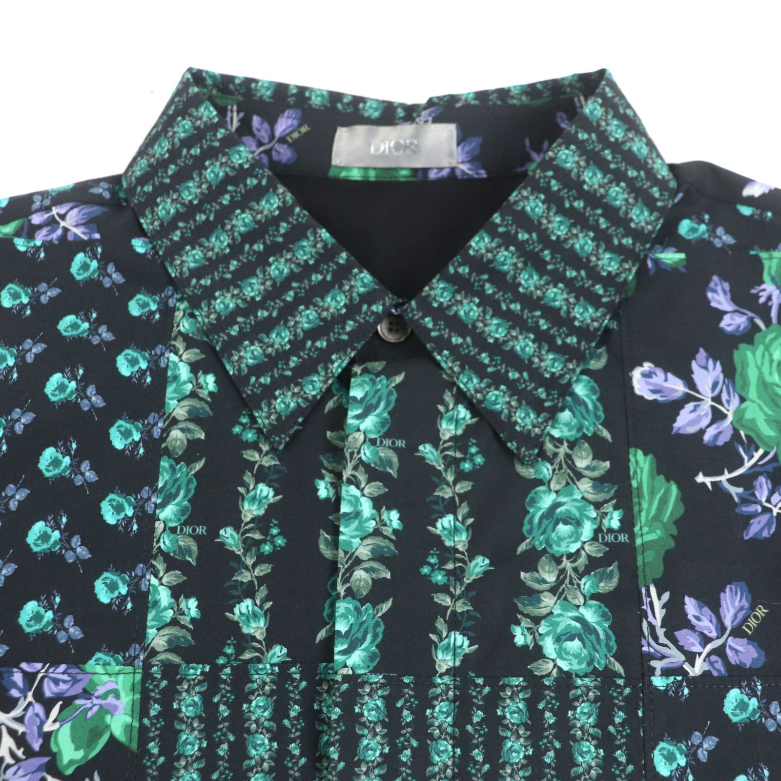 最終値下げ！ DIOR ディオール オム 293C517A5679 コットン フローラルプリント 比翼仕立て ショートスリーブ 半袖シャツ グリーン ブラック 40 イタリア製 メンズ