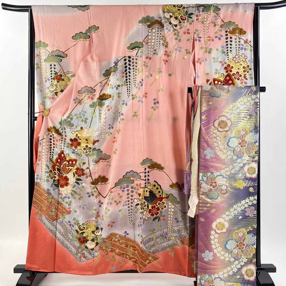 着物　袷　振袖　正絹　身丈166cm 仕付け糸付　美品　未着用品 振袖 身丈166.5cm 裄丈68.5cm L 袷 袋帯フルセット 風車 桜 箔