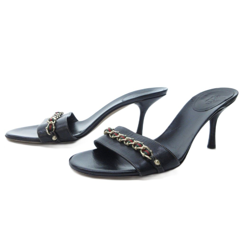 グッチ GUCCI シェリーラインチェーン サンダル ミュール ハイヒール 黒 ブラック 約23.5cm IBO81