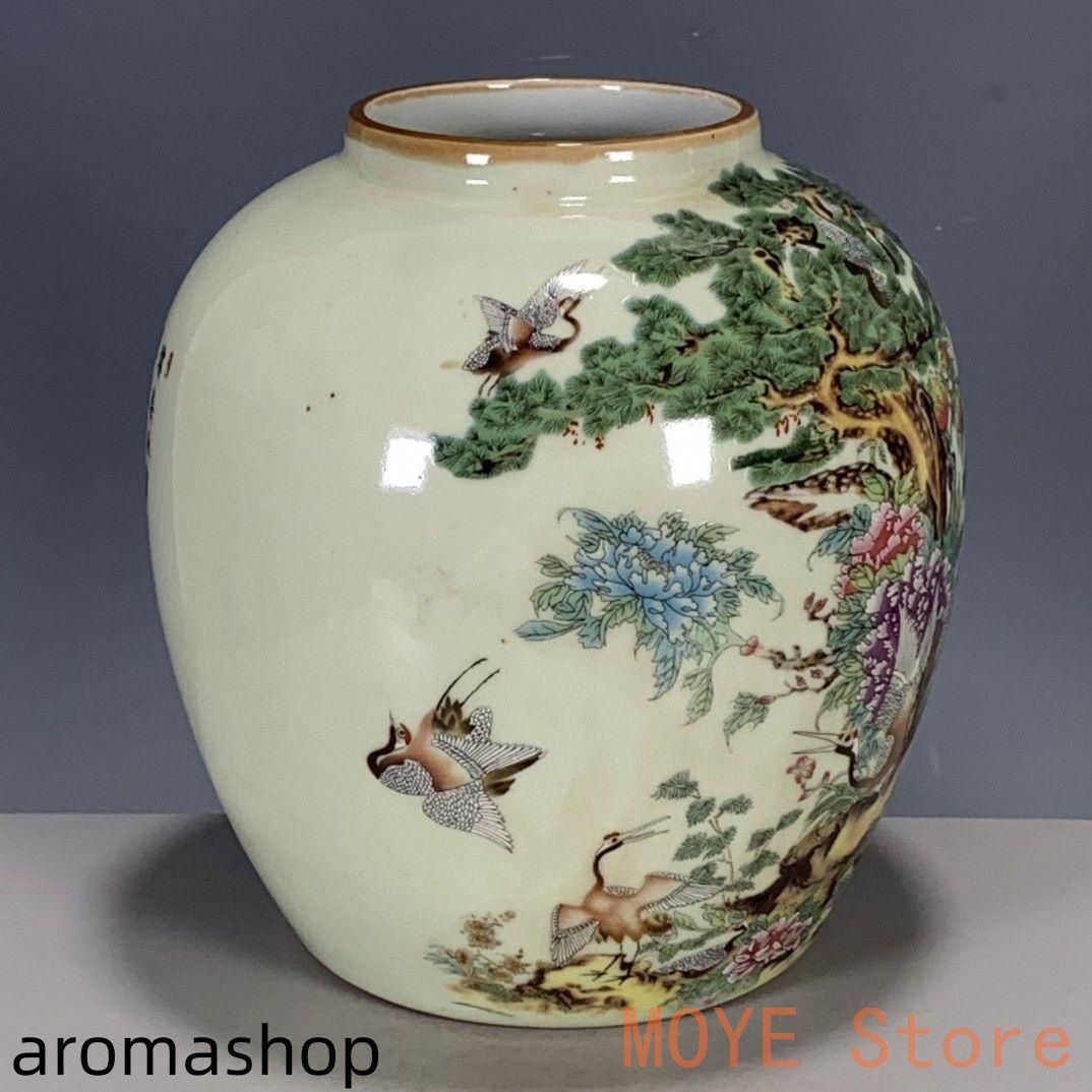 清代光緒粉彩花鳥仙鶴陶磁器缶 景徳鎮 陶磁器 装飾品 現代工芸品