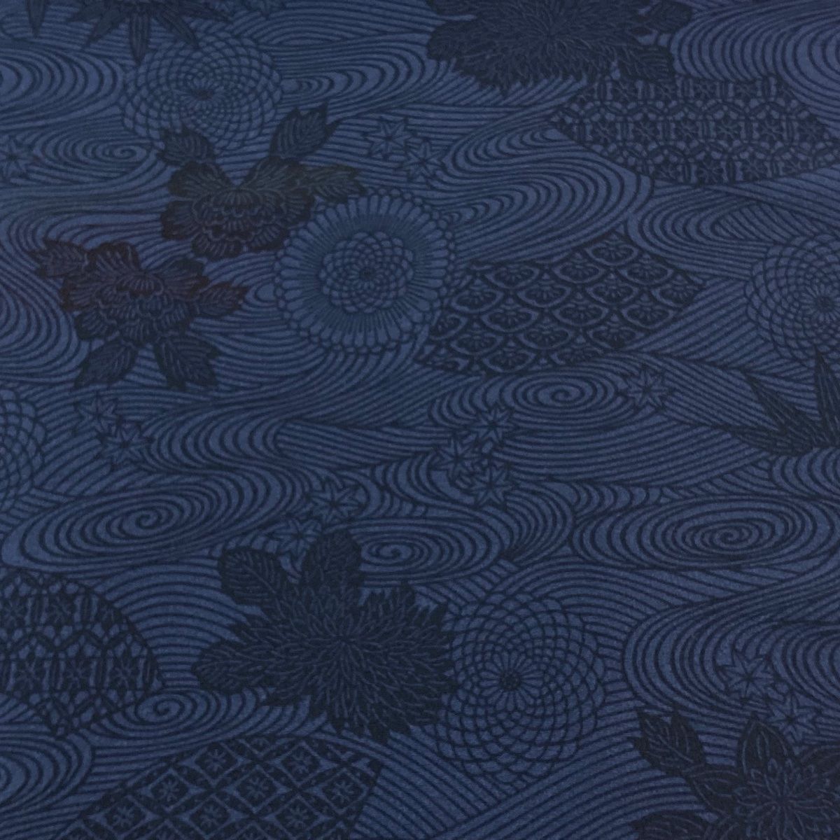 反物 小紋 人間国宝 南部芳松 落款 井関一男 菊 流水 濃紺 正絹