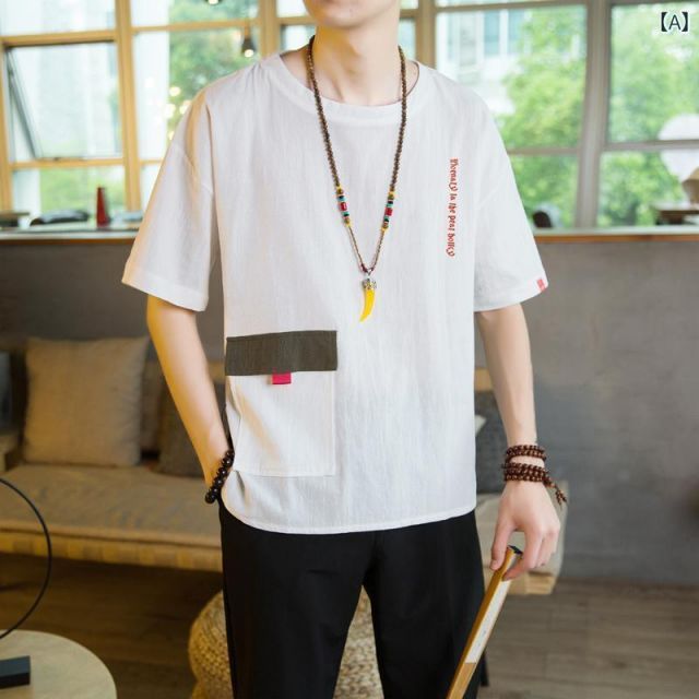[M] メンズ ファッション 服 男性用 オシャレ シンプル 大人 かっこいい 大きいサイズ ストリート 紳士服 リネン 半袖 T シャツ ファッション 夏 快適 シンプル ゆったり カップル 服