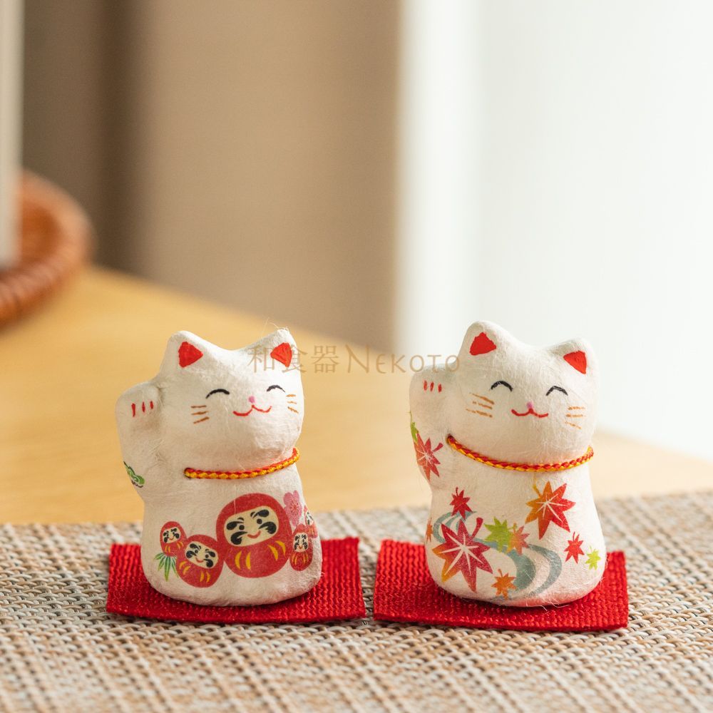 2点/ちぎり和紙 開運招き猫ミニ紅葉/だるま 可愛い 雑貨