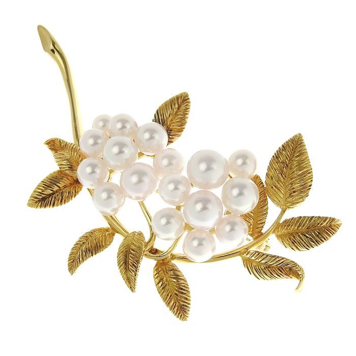 ミキモト リーフ ブローチ 真珠 カエデ MIKIMOTO ミキモト リーフ モチーフ パール ブローチ K18YG 750